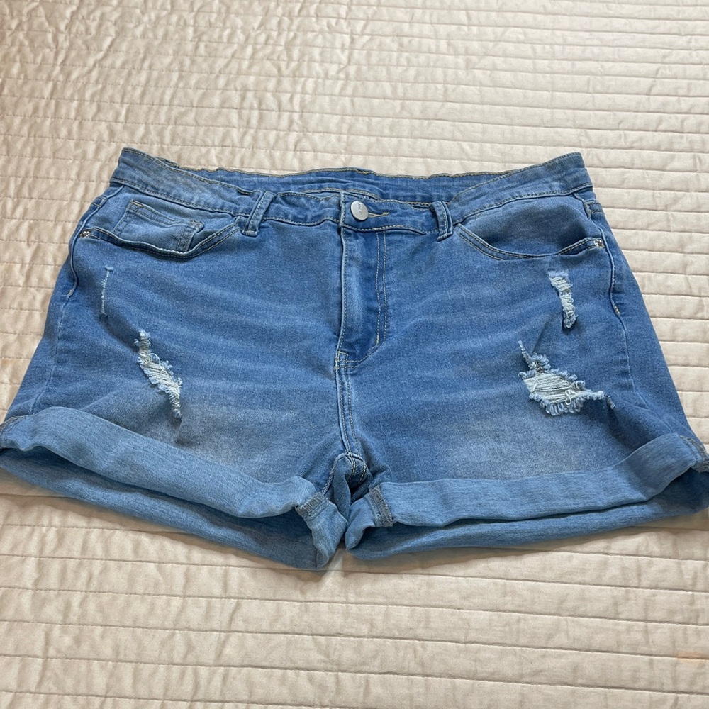 SHEIN Light Blue Distressed Rolled-Hem Denim Shorts WOMENS SIZE 12